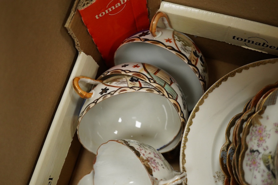 A Japanese eggshell tea and coffee set and three Chinese blue and white seal paste boxes and covers